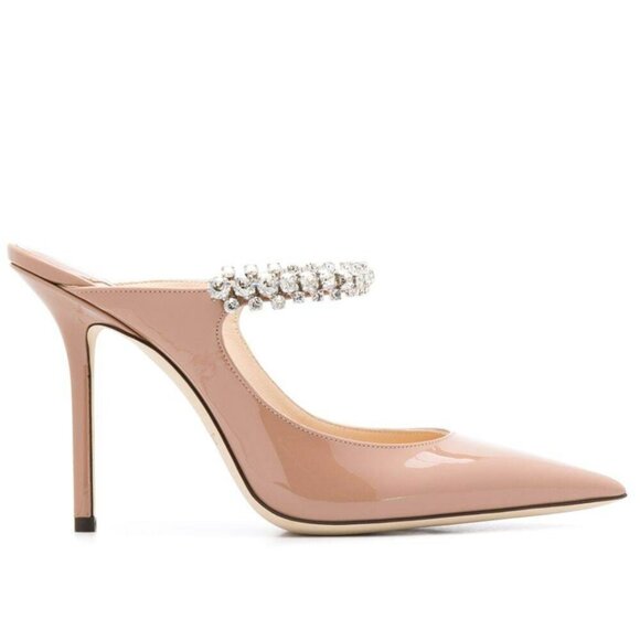 Jimmy Choo Bing 100 Mules Nude Patent Leather Crystal Embellished Pointed Toe - Picture 2 of 11